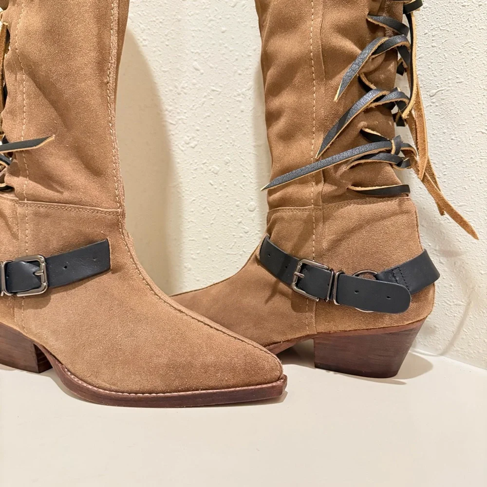 Free People Lace Sway Slouchy Women’s Military Taupe Western Boots Sz 7.5 NEW